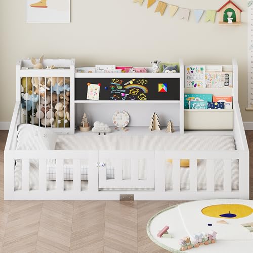 Montessori Wood Toddler Floor Bed with Blackboard & Bookshelf (White Full) - image 6
