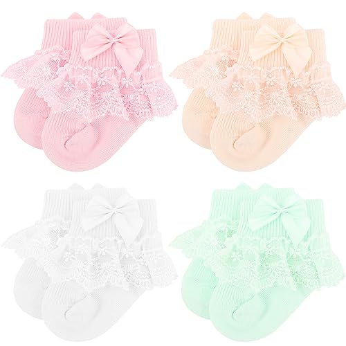 Image of AQOKKA 4 Pack Baby Girls Socks Eyelet Ruffle Lace Baby Socks Newborn Infant Toddler Dress Socks Frilly Ruffle Socks for Girls