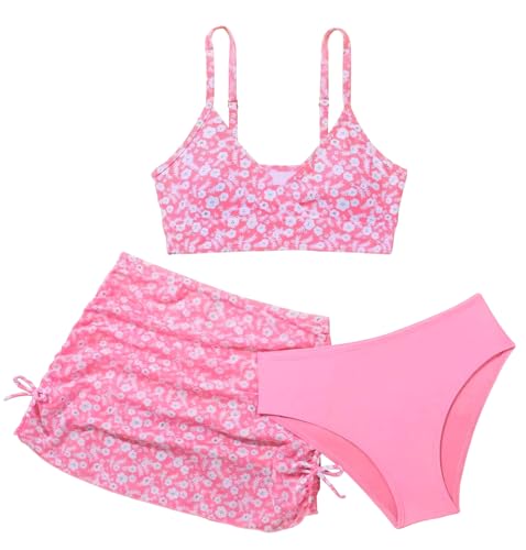 SEAUR 3 Piece Bikini Set Girls Swimming Costume Bikini Swimming Suit Girls Skirts Triangle Bikinis Kids Pink 12-13 Years