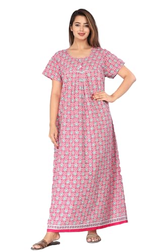Image of Kuruti B Sheets Cotton Nighty for Women Jaipuri Print 2 Button Round Neck Short Sleeve Night Gown | Maxi Dress