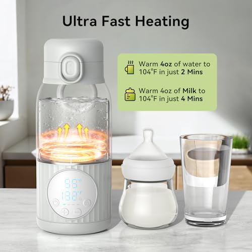 Portable Bottle Warmer Baby for Travel - 380ml Fast Heating 10000mAh Temperature Control for Breastmilk & Water Rechargeable Long Battery Life USB-C Charging Leak-Proof Ideal Gift (Grey)