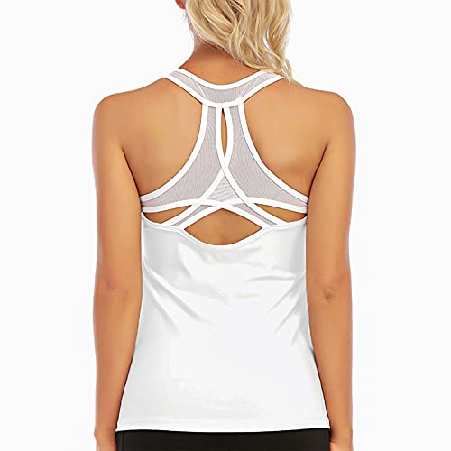 Image of Women's Padded Sports Bra Removable Strappy Longline Yoga Tank Top Workout Crop Criss Cross Back Fitness Top, Deep White No Bra, Small