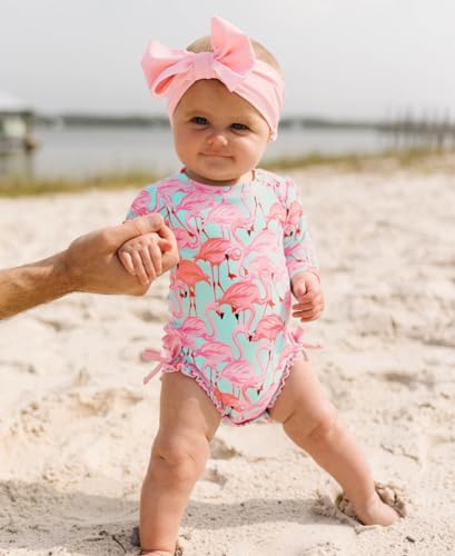 Image of RuffleButts Baby Girls UPF 50+ Sun Protection Floral Printed Long Sleeve One Piece Rash Guard Swimsuit with Zipper