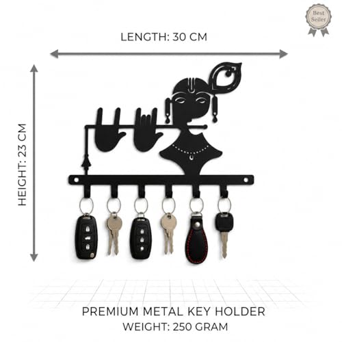 Image of Ventuos Metal Wall Mounted Key Holder with 6 Hooks, Krishna Design, Key Organizer for Home Office Bedroom Entryway