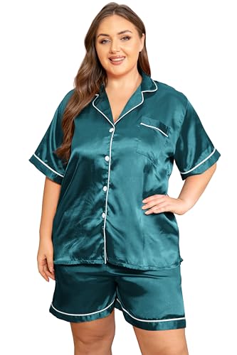 Image of Vozanet Women's Short Sleeve Satin Pajama Sets Silky Ladies Button Down Loungewear Plus Size Nighty Shorts Sets XL to 5XL