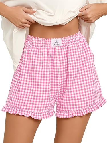 ANRABESS Boxer Shorts for Women Gingham Plaid Elastic Waist Ruffle Perfect for Lounge Pajama&Sleep Cute Casual Summer Bottoms Pink White Plaid Large