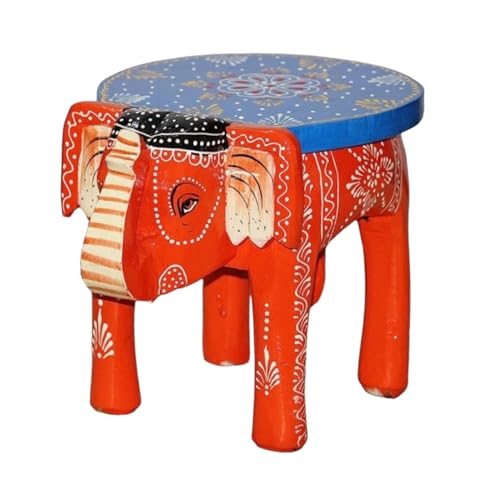 Image of Hand-Crafted and Emboss Colorful Painted Wooden Elephant Shape Stool for Home /Office /Living or Bedroom Decor,Decorative Showpiece (8 Inches Height, Orange)
