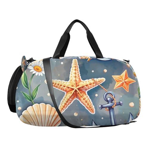 Duffle Bag for Boys or Girls with Shoes Compartment, Starfish Daisy Seaside Seagull Sports Travel Bag Overnight2