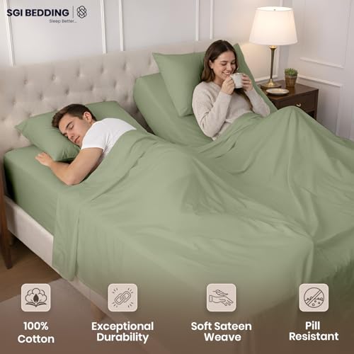 Image of SGI Split King Sheet Set for Adjustable Bed Egyptian Premium Cotton 600 Thread Count Sheets for Sleep Number Bed 15 inch Deep Pocket 5 Pc Set with 2 Twin XL Fitted Sheets Soft Breathable -Moss