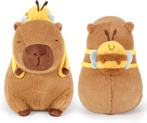 Stuffed Capybara Plush Kawaii Soft Capybara Doll with Bee Backpack Cute Capibara Plushie for Girls Kids and Adults Birthdays Gift 25cm