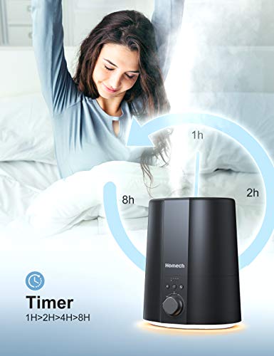 Homech Cool Mist Humidifier, 28dB Quiet Ultrasonic Humidifiers for Bedroom, Warm Light, Timing, Mist Ajustable, Easy to Clean, Auto Shut-Off
