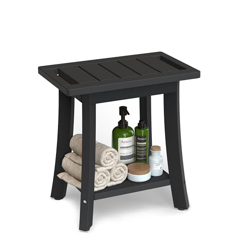 HIPS Shower Bench Inside Shower Stool with Storage Shelf Waterproof Spa Bath Chair for Bathroom Seat or Organizer for Living Room Bedroom - Great for All Ages Unisex Elderly (Small Black)
