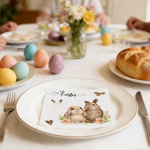 40 Stück Osterservietten mit Hasen Frühling Blumen,3-Lagig Hase Servietten Ostern,33×33 cm Tischdeko Oster Servietten Nostalgie Papierservietten für Serviettentechnik Gartenparty Easter Napkins