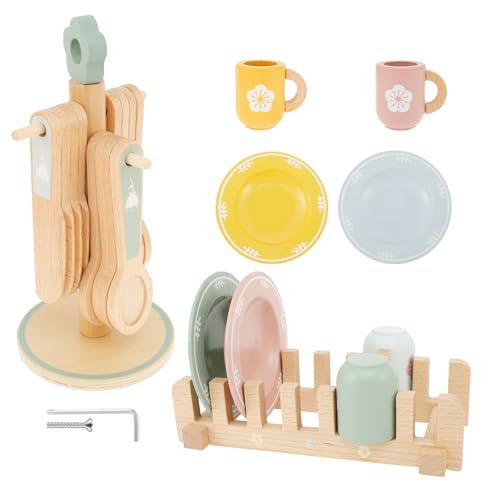 UKQRRTC Wooden Dinnerware Toy Set, Safe Wood Kids Kitchen Playset, Funny Toddler Kitchen Toy, Cutlery and Plate Set, Wood Plate and Dish Playset for Age From3 to 5