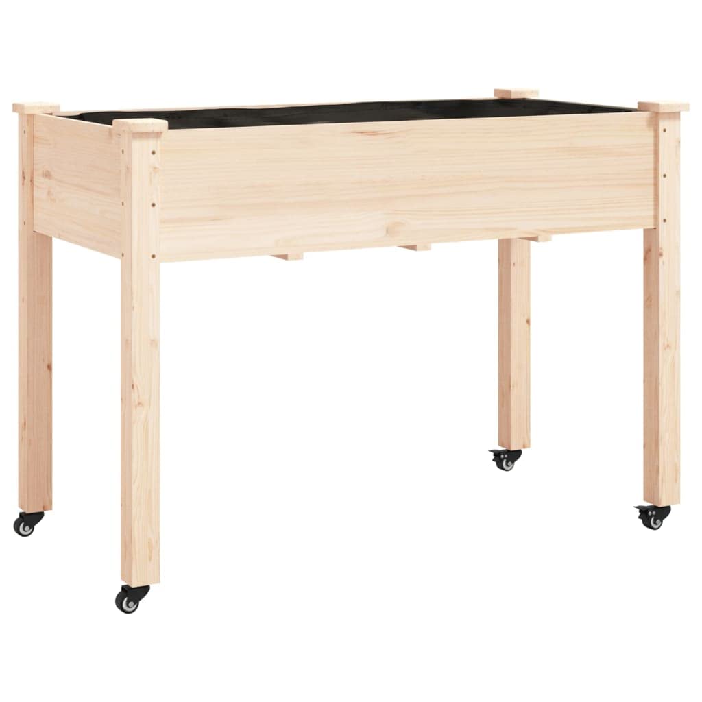 Macetero de madera maciza de abeto 118 x 59 x 80 cm con inserto y ruedas, jardinera para jardín y balcón, bancal alto con agujeros de drenaje, móvil y resistente a la intemperie