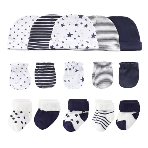 Image of Ruliby Baby Hats Mittens and Socks Set Cotton Newborn Hat Beanie Soft Infant Girls Boys Caps Gloves 0-6 month