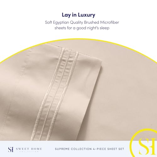 RV Queen Bed Sheets - Breathable Luxury Sheets with Full Elastic & Secure Corner Straps Built In - 1800 Supreme Collection Extra Soft Deep Pocket Bedding Set, Sheet Set, RV Short Queen, Beige