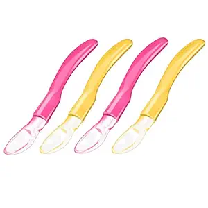 UNIH Baby Spoons First Stage Self Feeding Training Spoon Set Baby Dishes Soft Silicone Tip Water Food Spoons,Best Infant Gift Set,4-Piece Pink/Orange