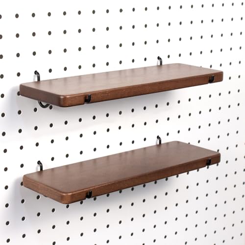 SEMPOMA 2 Pcs Walnut Finish Solid Wood Pegboard Shelf, High Balance and No tilt, Wooden Peg Board Shelves for 1/4