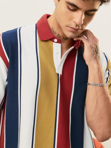 Image of The Souled Store Rugby Polo: Caravan Men and Boys Short Sleeves Polo Neck White Navy Mustard Red Striped Cotton Blend Oversized Drop Shoulder Breathable Knit Casual Polos