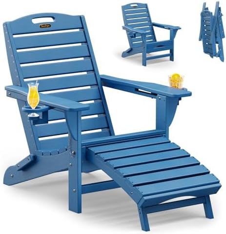 Folding Adirondack Chair with Retractable Ottoman Weather Resistant Fire Pit Chair Patio Chair with 2 Cup Holder Lawn Outdoor Lounge Chair (Navy Blue) 1 Navy Blue
