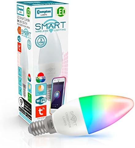 Crompton Lamps LED Smart Wifi Candle 5W SES-E14 Dimmable (40W Equivalent) 3000K Warm White + RGB Opal 470lm SES Small Screw E14 Amazon Alexa TUYA Colour Changing Thermal Plastic Google Home Light Bulb