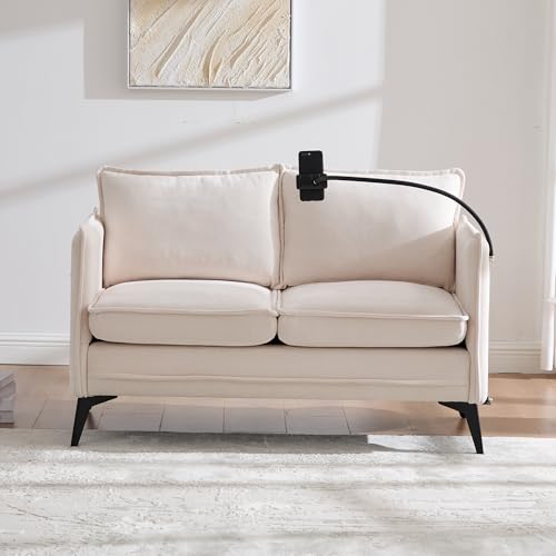 A ALFRESCOOL Sofá doble pequeño de tela con bolsillo lateral de almacenamiento + soporte ajustable para teléfono móvil, adecuado para salón, dormitorio, balcón (beige)