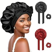 FOLAI 2 Stück Schlafmütze Satin Bonnet Nacht Schlaf Mütze Verstellbare Schlafkappe Kopfbedeckung Weiche Kopfhaube Schlafhaube Seide mit Gummizug für Damen und Mädchen(Schwarz+Rot)…