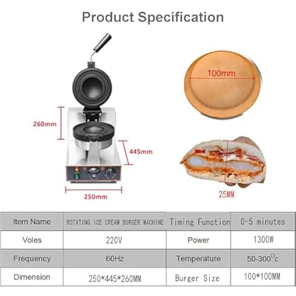 ASnwpaK 1300W Kommerzielles Elektrisches Hamburger-Waffeleisen, Antihaftbeschichteter Hamburgermaker, Beidseitige Heizung, Temperatur: 50–300 °C/Zeit: 0–2min., FüR Hamburger, Dorayaki, Panini – Bild 6
