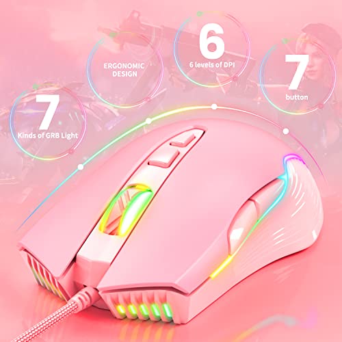 Image of Cute RGB 6400 DPI Wired Gaming Mouse Breathing LED Optical USB 7 Buttons Gamer Computer Pink Mice for Laptop PC Desktop (Pink)