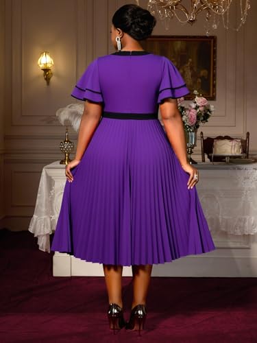 AOMEI Plus Size Dresses for Curvy Women Church Color Block Bowtie Ruffle Sleeve A-Line Pleated Midi Teacher Work Office Dress3