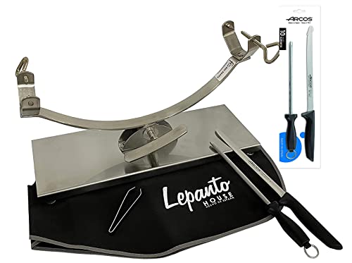 Soporte jamonero basculante, jamonero balancin de acero inoxidable + Cuchillo jamonero Arcos Niza + CHAIRA + Cubre Jamon...