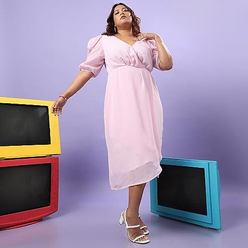 Image of Instafab Plus Women's Baby Pink Petal Hem Dress for Casual Wear | Puff Sleeve | Polyester Fabric | V-Neck Dress Crafted with Comfort Fit for Everyday Wear