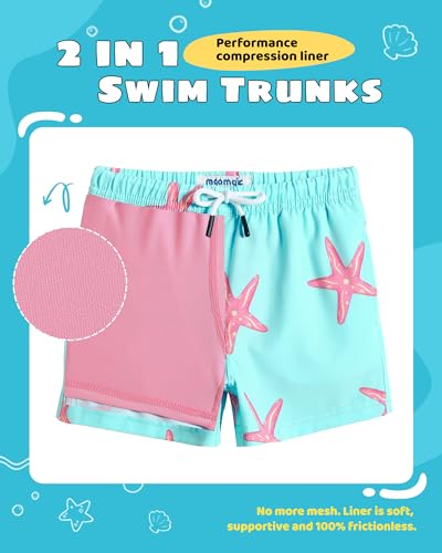 maamgic Boys Swim Trunks with Compression Liner Toddler Stretch Swim Shorts Quick Dry Swimming Trunks Boxer Brief 2 in 1 Beach Shorts Blue Sun Starfish 7 - 3