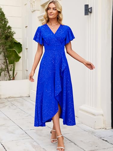 Image of Long Black Formal Dresses for Women Gowns Evening Party Cocktail Dress,Split Elegant V Neck Wrap Ruffle Wedding Guest Dresses