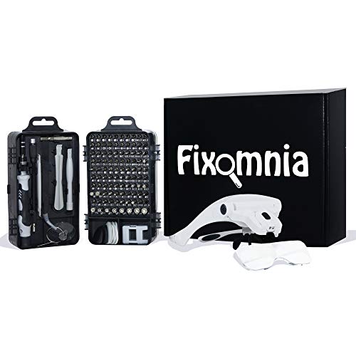 FIXOMNIA Reparatur-Kit Set mit 122 Teilen –Werkzeugset zur Reparatur von Handy Display Smartphone Laptop PC Notebook – Elektronik Präzisions Schraubendreher - Schraubenzieher Set + Lupenbrille
