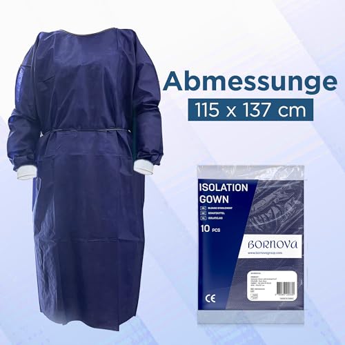 BORNOVA Einwegkittel schutzkittel einweg infektionsschutzkittel einmalkittel medizinisch mit ärmel einmal Patienten PP Professionelle Qualität Bequem Dunkelblau Nicht transparent - 25 gsm / 10 stück