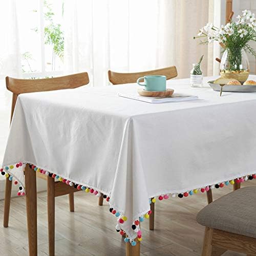 Amzali Pompom Tassel Tablecloth Cotton Linen Dust-Proof Table Cover for Kitchen Picnic Dinning Tabletop Home Decoration ( Rectangle/Oblong, 55 x 70 Inch,Cream White )
