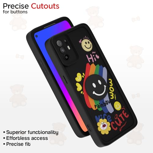 Image of Pikkme Back Cover for Oppo F19 Pro Plus 5G | Soft Silicone| Cute Rainbow Smile & 3D Cartoon Flower Design | Shockproof Raised Camera Protection Bumper Case (Black)