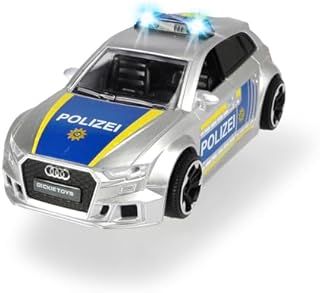Dickie Toys 203713011 Audi RS3 policja, samochód policyjny z frykcją, z akcesoriami i blokadą ulicy, światło i dźwiękiem, łącznie z bateriami, skala 1:32, 15 cm, od 3 lat, srebrny, niebieski