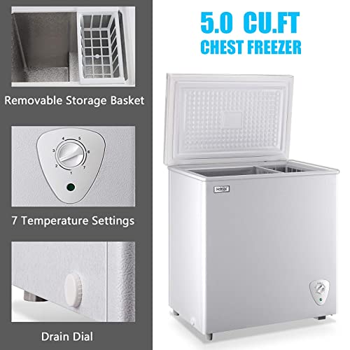 5.0 Cubic Feet Deep Chest Freezer Compact Freezers with Adjustable Thermostat Top Open Door with Removable Storage Basket for Home Kitchen and Bar