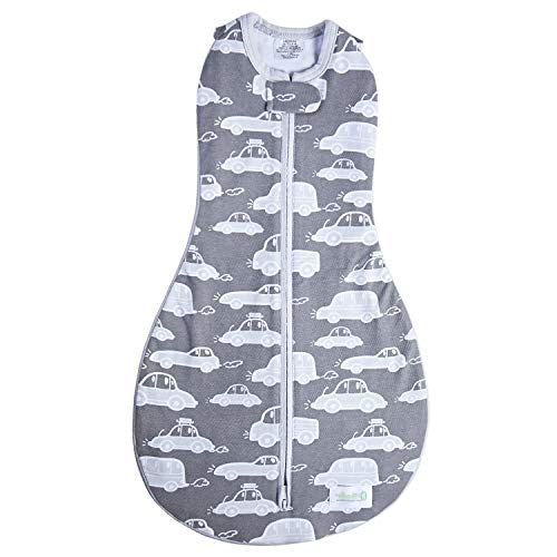 Woombie Grow with Me Baby Swaddle, Convertible Swaddle Fits 0-9 Months, Expands to Wearable Blanket for up to 18 Months, Bye Bye Cars, Grey