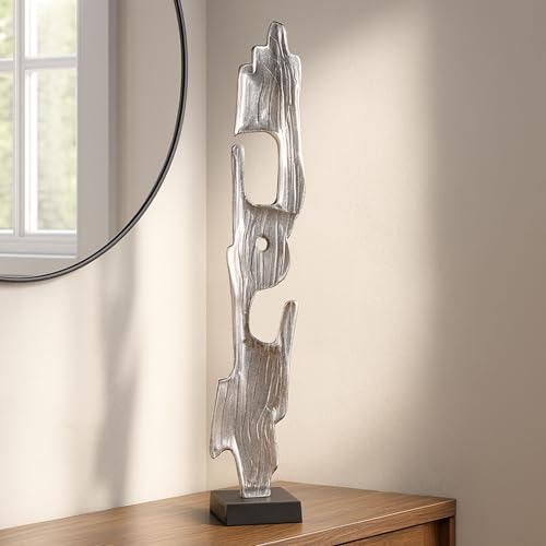 NESS AND JORD Bedford Wood Post Statuary Decorative Object – Large Aluminum Metal Modern Home Decor Sculpture – Contemporary Shelf & Coffee Table Decor for Office & Living Room – 32", Silver