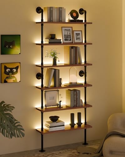6-Tier Ladder Shelf with Warm LED Light Strip, Solid Pine Wood Wa...