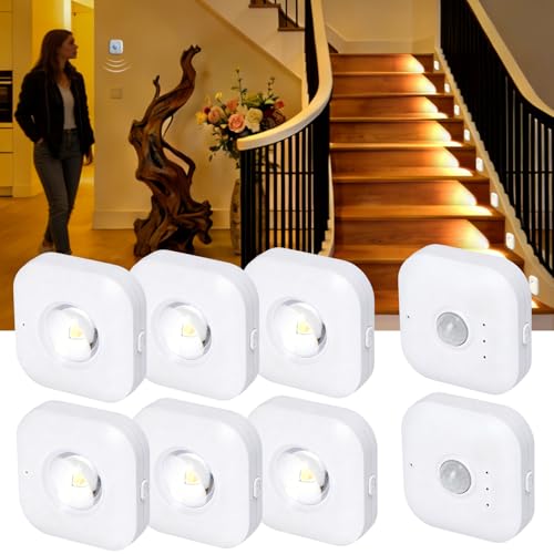 6 Pack Motion Sensor Stair Lights with 2 Separate Sensors-50FT Wall-Penetrating Remote & All Lights On Together,3CCT&Dimmable Step Lights,Wireless Stick On Lights for Hallway,Basement,Bathroom