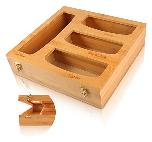 Bamboo Ziplock Bags Organizer for Kitchen Drawer - Food Storage Plastic Bag Dispenser Holder Containers,Openable Lid Wooden Organization Box for Gallon Snack Sandwich Quart Variety Size Baggies