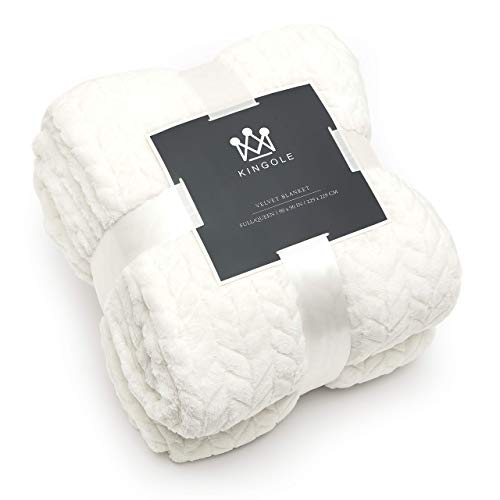 Kingole Flannel Fleece Luxury Throw Jacquard Weave Blanket, Creamy White King Size Leaf Pattern Cozy Couch/Bed Super Soft And Warm Plush Microfiber 350Gsm (108 X 90 Inches) #TOP13