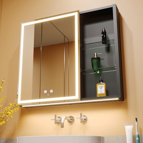 KWW Gabinete de Espejo de Baño LED, Socket & USBs, Eliminador de Niebla, Luz Ajustable, Espejo de Maquillaje Tricolor, Fácil de Instalar, Gabinete de Medicina Montado en la Pared (75 x 70 cm)