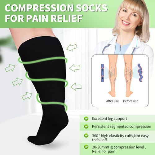 Image of UISLII Plus Size Compression Socks Wide Calf Women Men,5 Pairs 20-30mmHg Extra Width Calf Viscose Knee High Compression Socks for Circulation Support(5 Pairs Black-2XL)