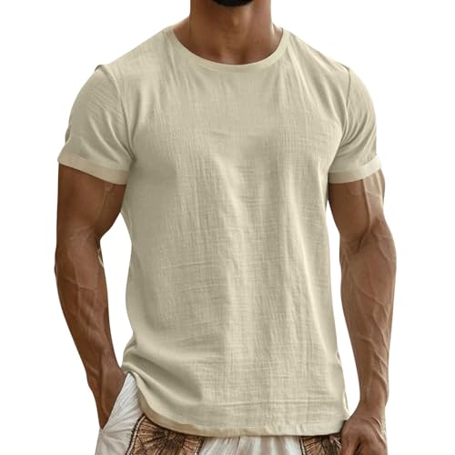 AQAYL Linen Shirts for Men Short Sleeve Crewneck T-Shirt Lightweight Breathable Tees Casual Summer Beach Vacation Shirts Beige